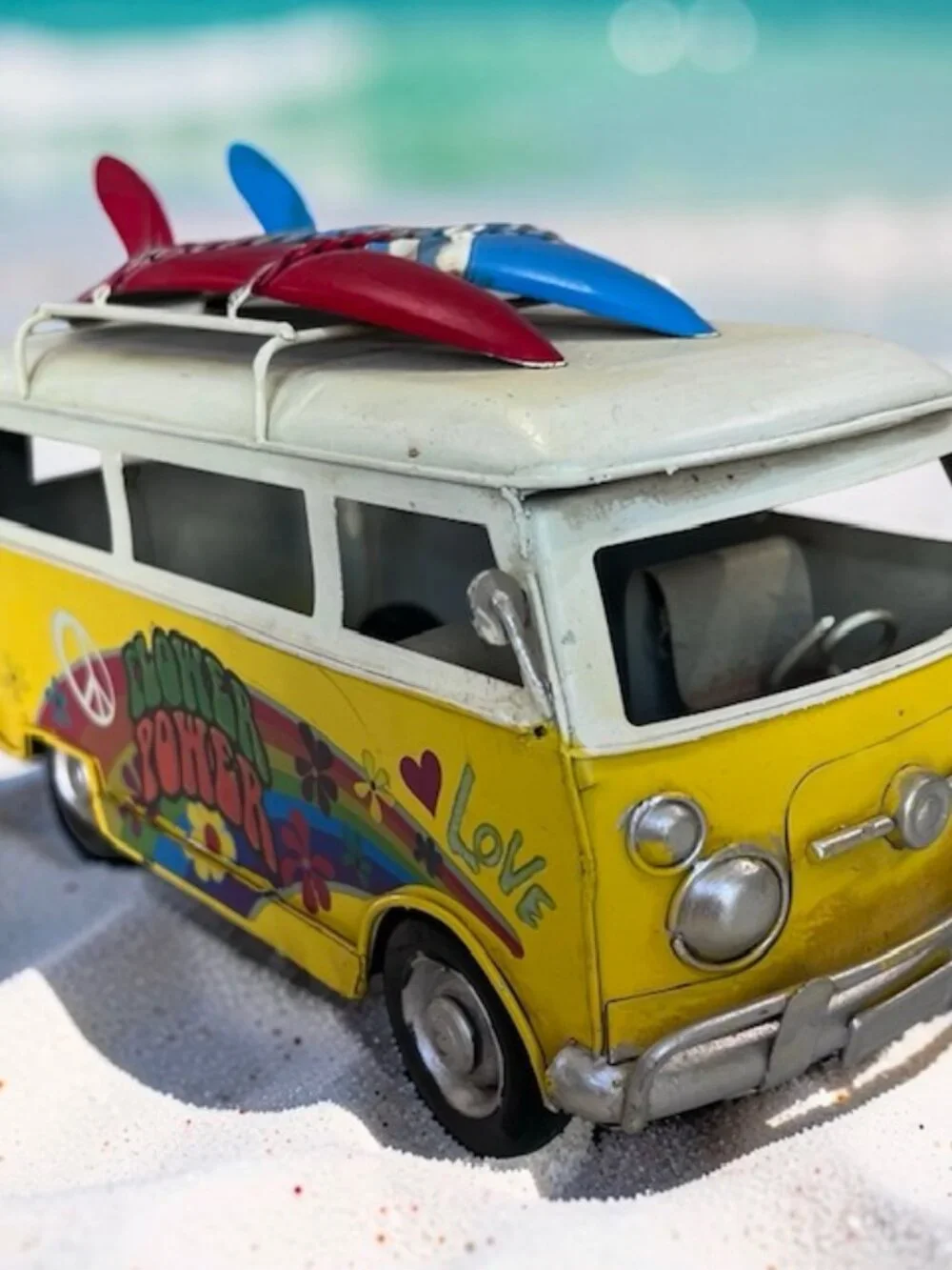 Yellow Tin Vintage Flower Power Hippie Surfer Van Metal VW Camper Decor